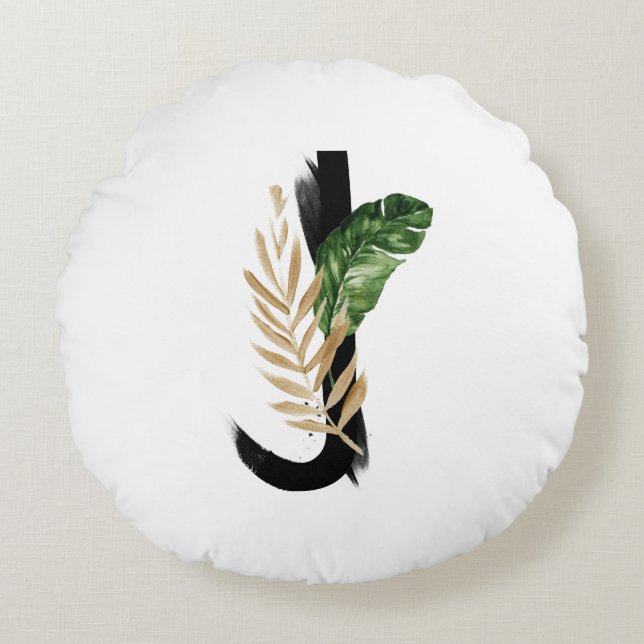 Boho Tropical Palm Leaves Letter J Monogram Round Cushion (Front)