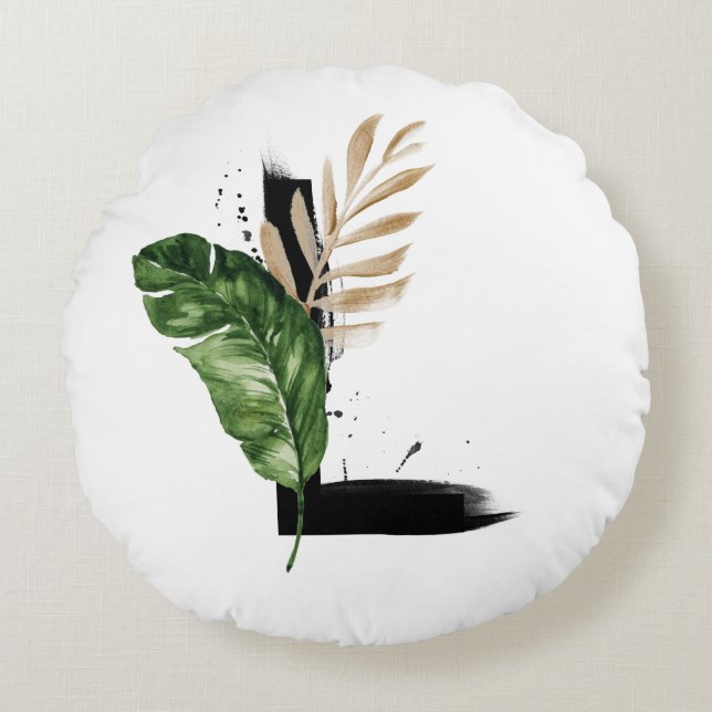 Boho Tropical Palm Leaves Letter L Monogram Round Cushion (Front)