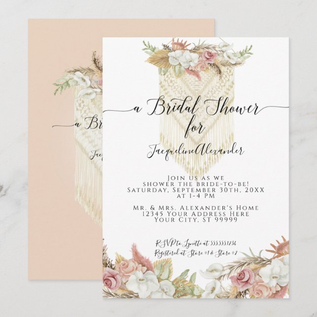 Boho Tropical Pampas Grass Floral Bridal Shower Invitation (Front/Back)