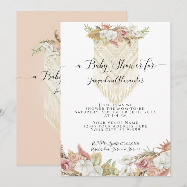 Boho Tropical Pampas Grass Floral Girl Baby Shower Invitation (Front/Back)