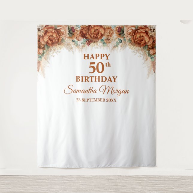 Boho tropical pampas grass palm 50th birthday tapestry (Front)