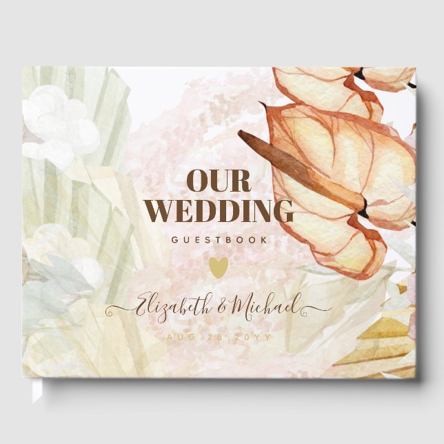 BOHO Tropical Pampas Grass Wedding Guest Book (Front)