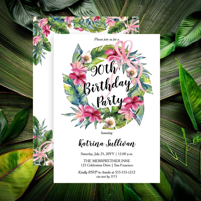 Boho Tropical Pink Floral 90th Birthday Party Invitation (Boho Pink Hibiscus and Tropical Leaves with Pink Coquette Bow 90th Birthday Party Invitation)