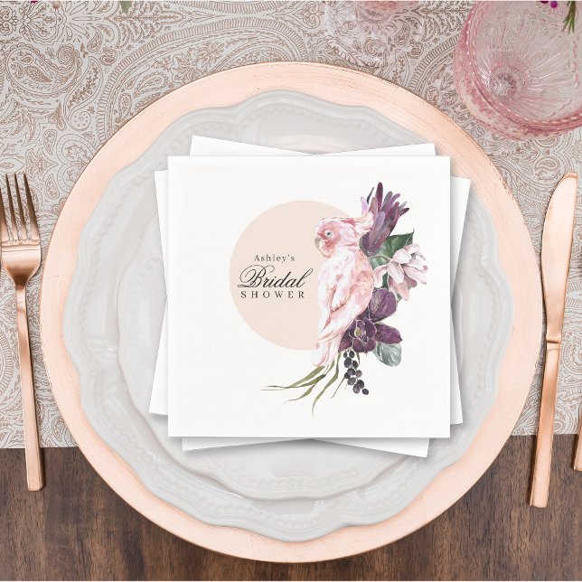 Boho Tropical Pink Parrot Bridal Shower Napkin (Napkins available in 3 sizes: cocktail, luncheon, and dinner size.)