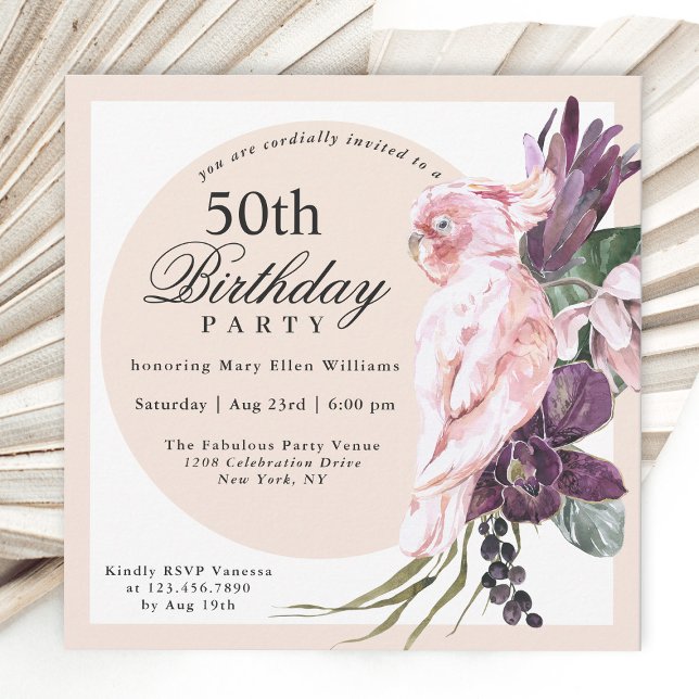 Boho Tropical Pink Parrot Floral 50th Birthday Invitation (Creator Uploaded)