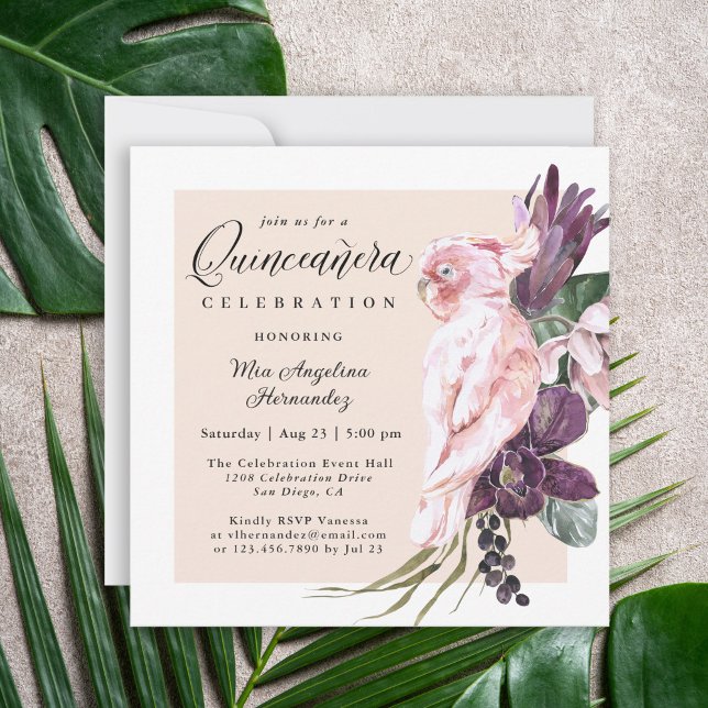 Boho Tropical Pink Parrot Floral Quinceanera Invitation (Creator Uploaded)