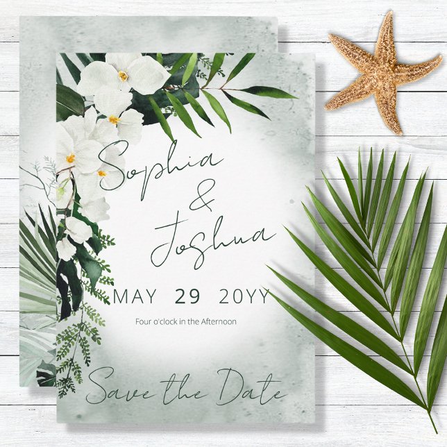 Boho Tropical Plants Green Watercolor Wedding Save The Date (Creator Uploaded)