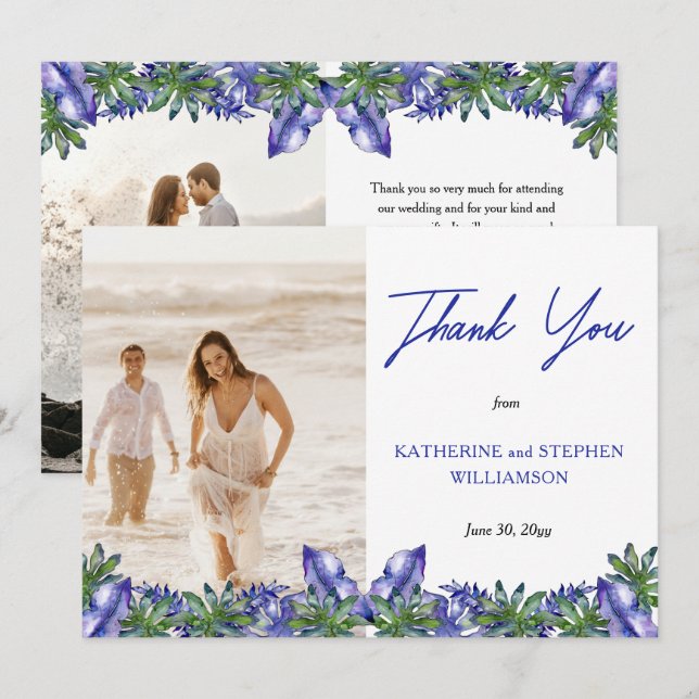Boho Tropical Purple | Green Wedding Photo Thank Y Thank You Card (Front/Back)