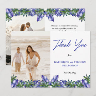Boho Tropical Purple   Green Wedding Photo Thank Y Thank You Card