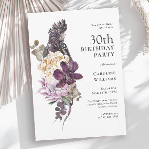 Boho Tropical Purple Parrot 30th Birthday Invitation
