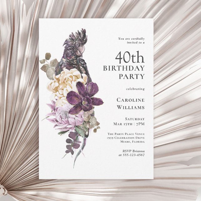 Boho Tropical Purple Parrot 40th Birthday Invitation (Available in both printed and paperless instant download formats.)
