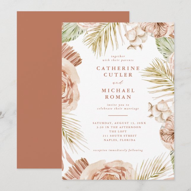 Boho Tropical Roses Wedding Invitation (Front/Back)