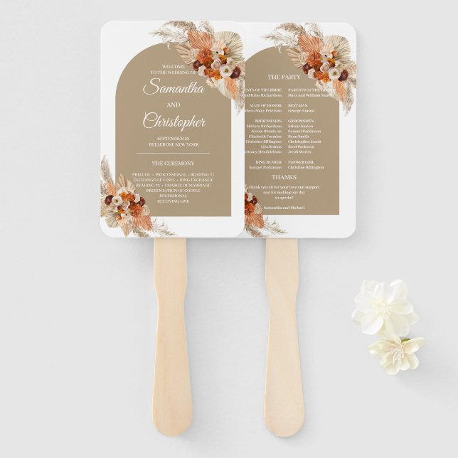 Boho tropical terracotta burgundy floral arch hand fan (Front and Back)