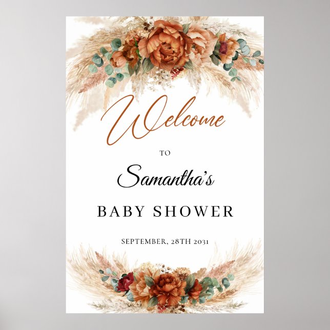 Boho tropical terracotta floral pampas baby shower poster (Front)