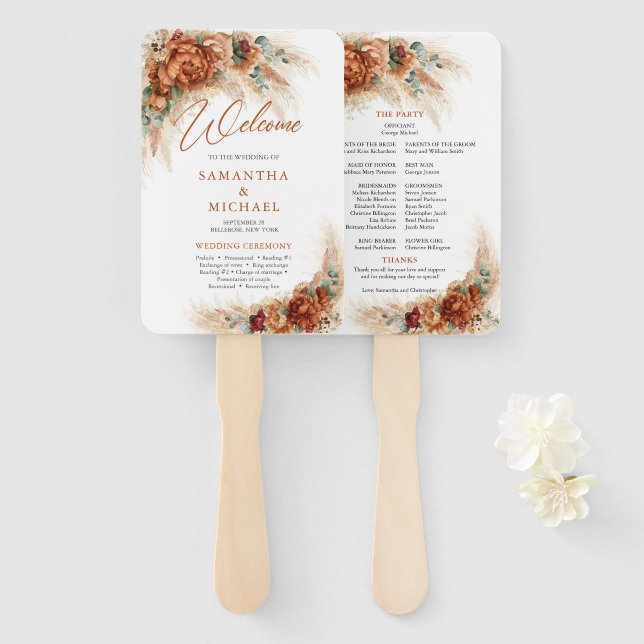 Boho tropical terracotta floral pampas wedding hand fan (Front and Back)