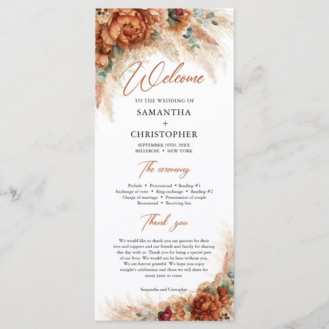 Boho tropical terracotta pampas eucalyptus wedding programme (Front)