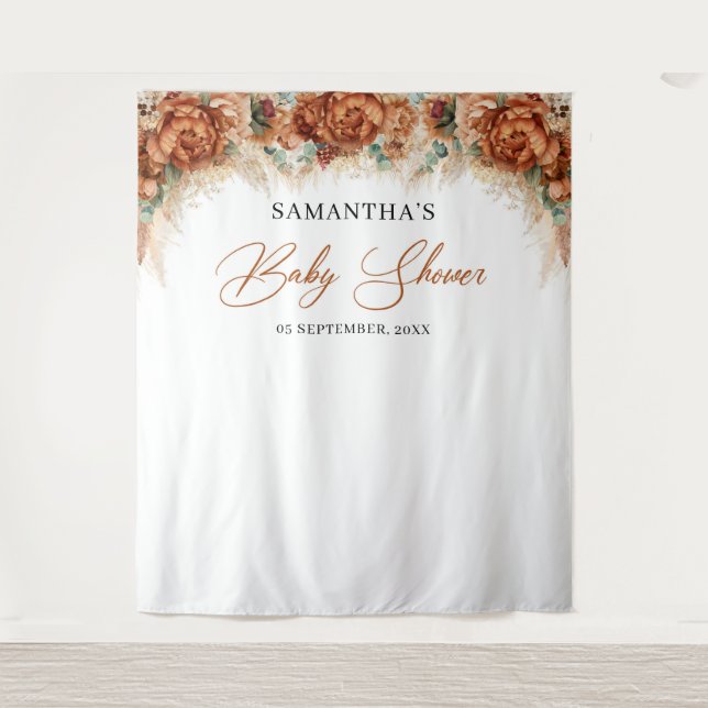 Boho tropical terracotta pampas grass baby shower tapestry (Front)