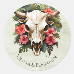 Boho Tropical Watercolor Floral Cow Skull Wedding Classic Round Sticker