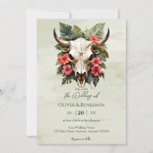 Boho Tropical Watercolor Floral Cow Skull Wedding Invitation