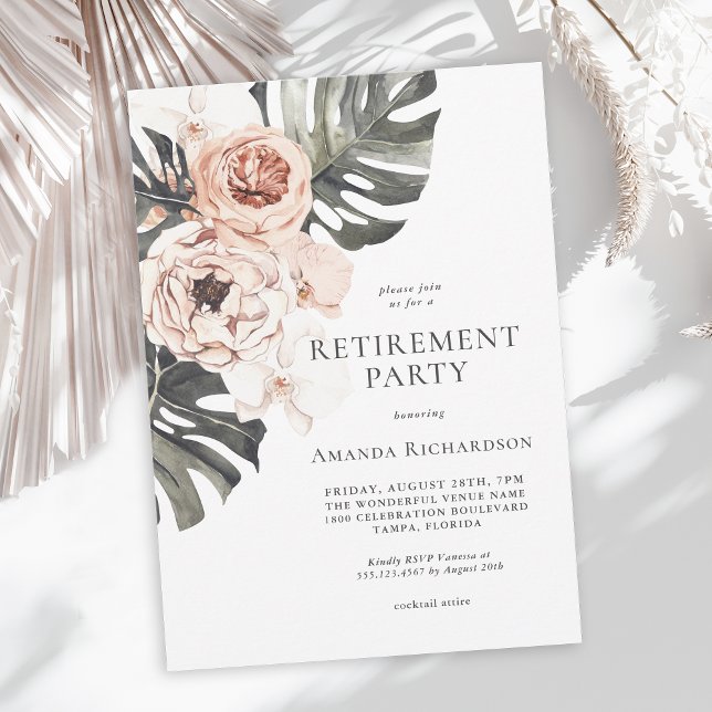 Boho Tropical Watercolor Floral Retirement Party Invitation (Available as printed and paperless digital download!)