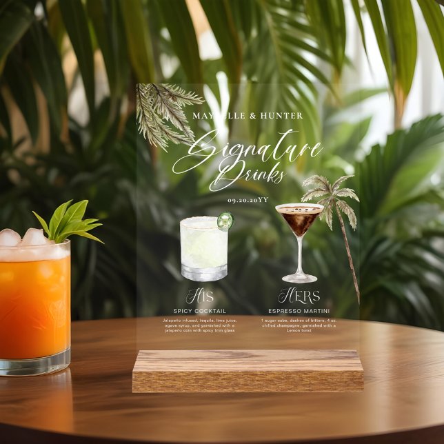 Boho Tropical Watercolor Signature Drinks Wedding Acrylic Sign (Boho Tropical Watercolor Signature Drinks Wedding Acrylic Sign)