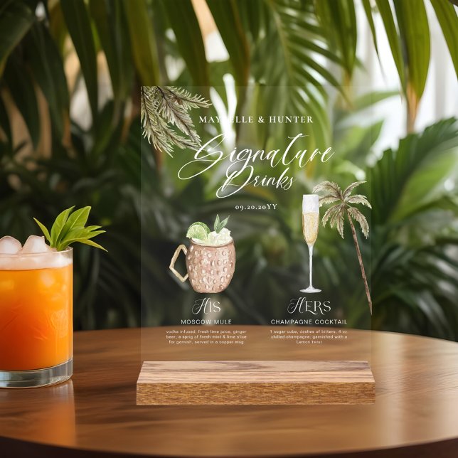 Boho Tropical Watercolor Signature Drinks Wedding  Acrylic Sign (Boho Tropical Watercolor Signature Drinks Wedding Acrylic Sign)