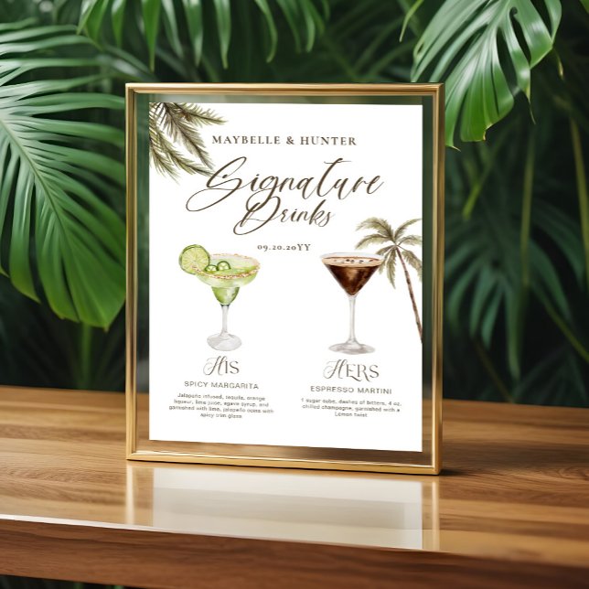 Boho Tropical Watercolor Signature Drinks Wedding Poster (Boho Tropical Watercolor Signature Drinks Wedding Acrylic Sign)