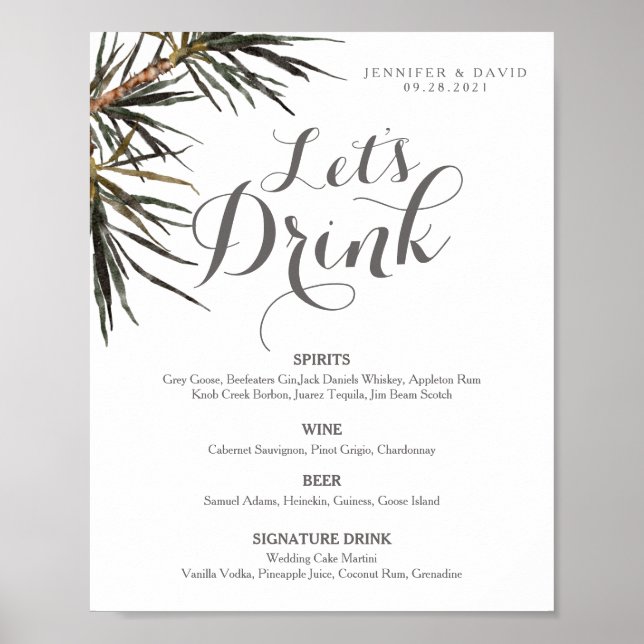 Boho Tropical Wedding Bar Menu Sign Poster (Matte) (Front)
