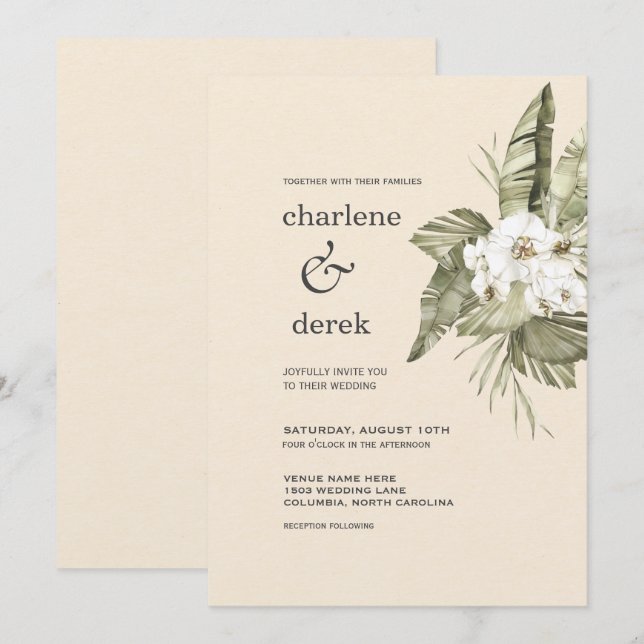 Boho Tropical White Orchid Invitation (Front/Back)