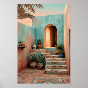 Boho Turquoise Desert Courtyard, Rustic Staircase  Poster