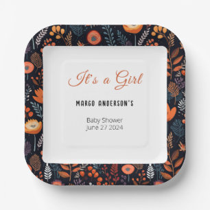 BOHO Turquoise Fall Autumn Floral Girl Baby Shower Paper Plate