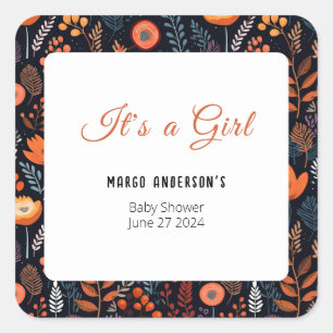 BOHO Turquoise Fall Autumn Floral Girl Baby Shower Square Sticker