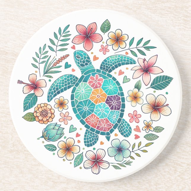 Boho Turquoise Floral Sea Turtle - Coastal Round Coaster (Front)