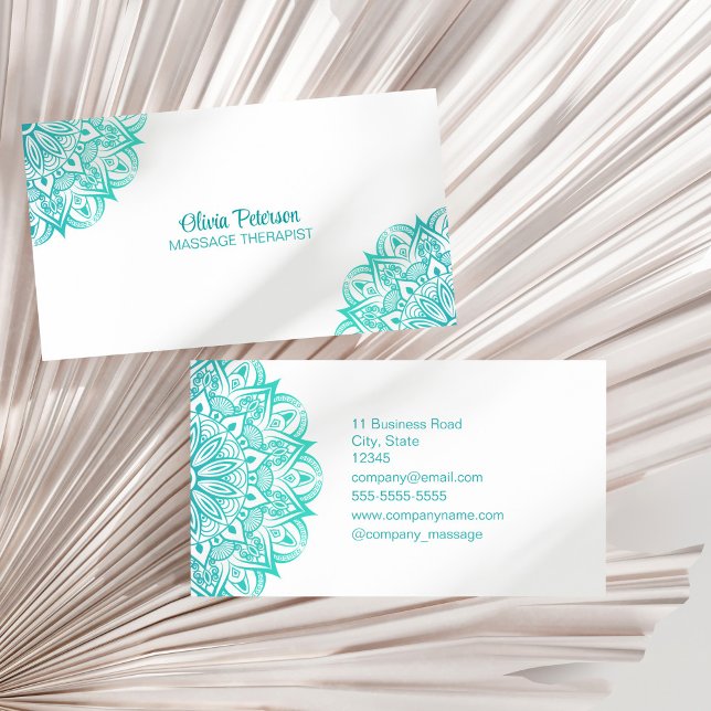 Boho Turquoise Mandala Massage Therapist  Business Card (Boho Turquoise Mandala Massage Therapist Business Card on a dry palm leaf.)