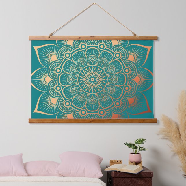 Boho Turquoise Peach Mandala Wood Topped Hanging Tapestry (Bedroom)