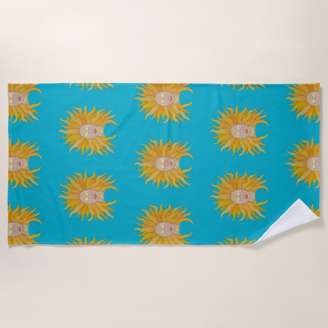 Boho turquoise yellow gold sun inspired beach towel (Front)