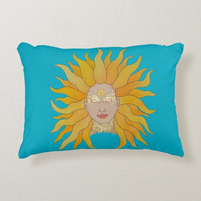 Boho turquoise yellow gold sun inspired cushion (Front)
