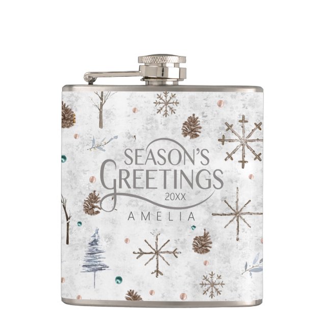 Boho Twigs & Pinecone Christmas ID986 Hip Flask (Front)