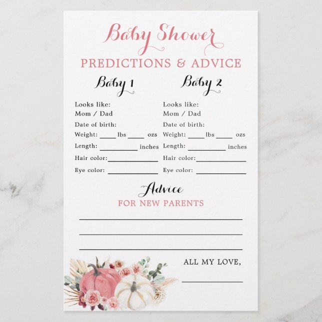 Boho Twin Pink and White Pumpkin Baby Shower Card (Front)