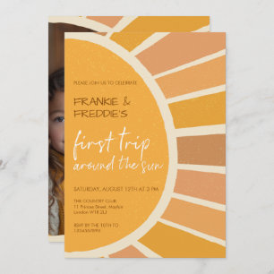 Boho Twins First Trip Around Sun Photo 1 Birthday Invitation