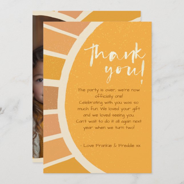 Boho Twins First Trip Around Sun Photo 1 Birthday Thank You Card (Front/Back)