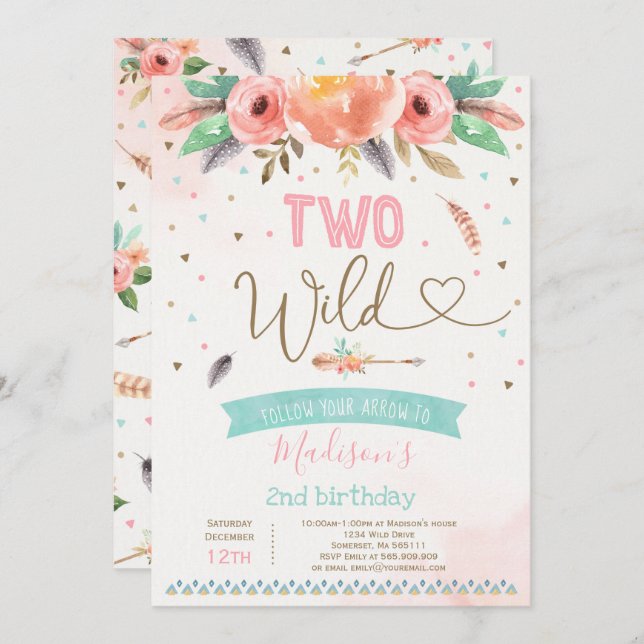 Boho Two Wild Birthday Invitation Watercolor Boho (Front/Back)