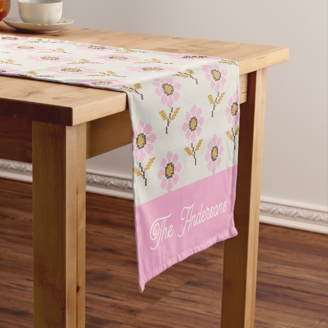 Boho Ukrainian Folk Cross Stitch Floral Short Table Runner (In Situ)