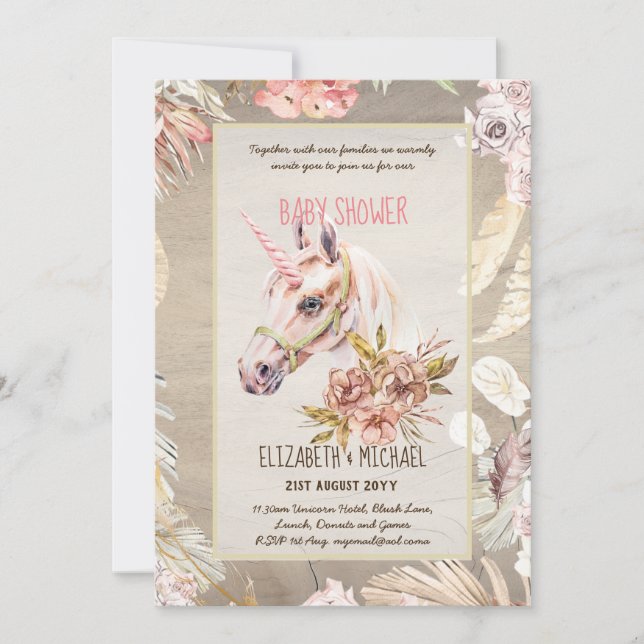 BOHO UNICORN Baby Shower Invitations Watercolor (Front)