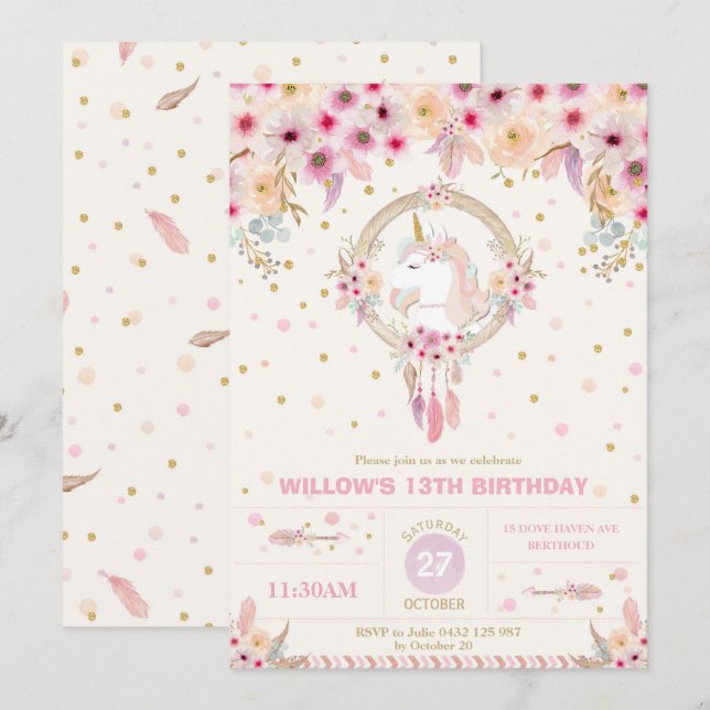 Boho Unicorn Birthday Floral Girl 1st Birthday Invitation (Front/Back)