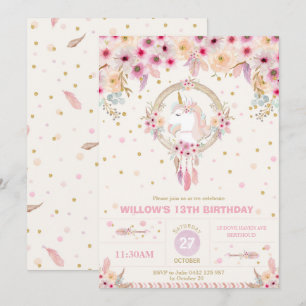 Boho Unicorn Birthday Floral Girl 1st Birthday Invitation