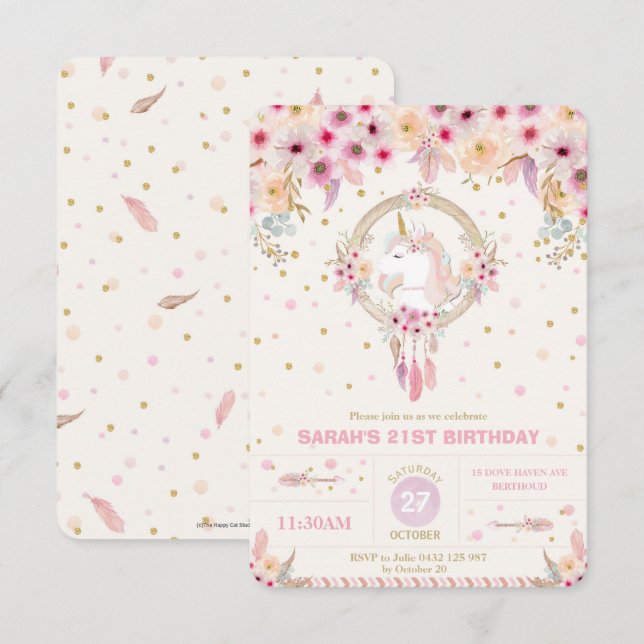 Boho Unicorn Birthday Floral Girl 21st Birthday Invitation (Front/Back)