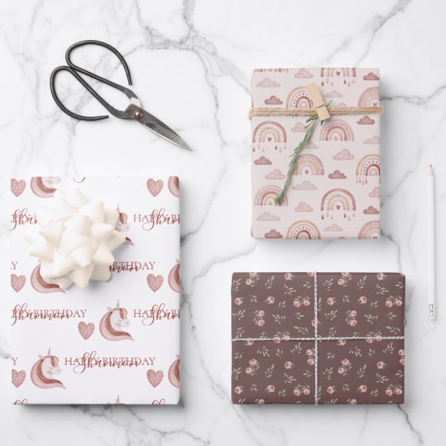 Boho Unicorn Birthday Wrapping Paper Sheets  (Front)