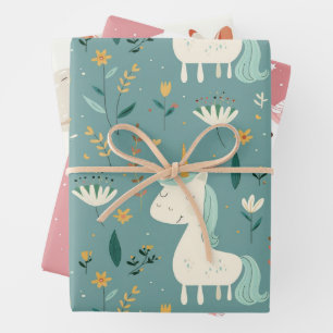 Boho unicorn design, muted pastel colours, nursery wrapping paper sheet