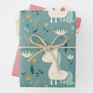 Boho unicorn design, muted pastel colours, nursery wrapping paper sheet